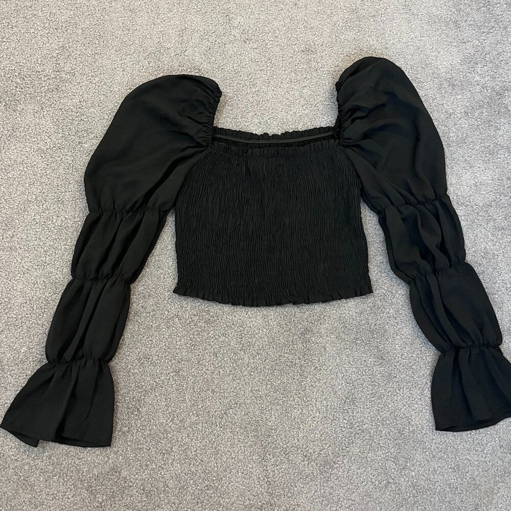 Women's Black Sheer Balloon Sleeve Crop Top, size S